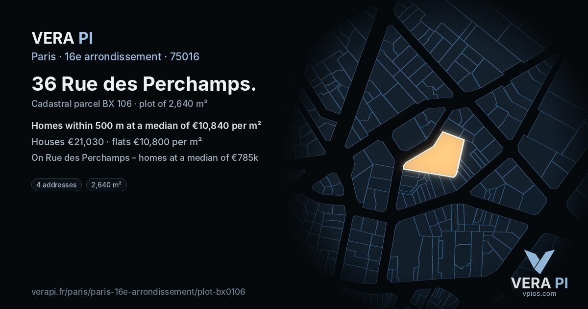 36 Rue des Perchamps, 16e arrondissement at night – the plot lit, the parcels around coloured by the prices near them