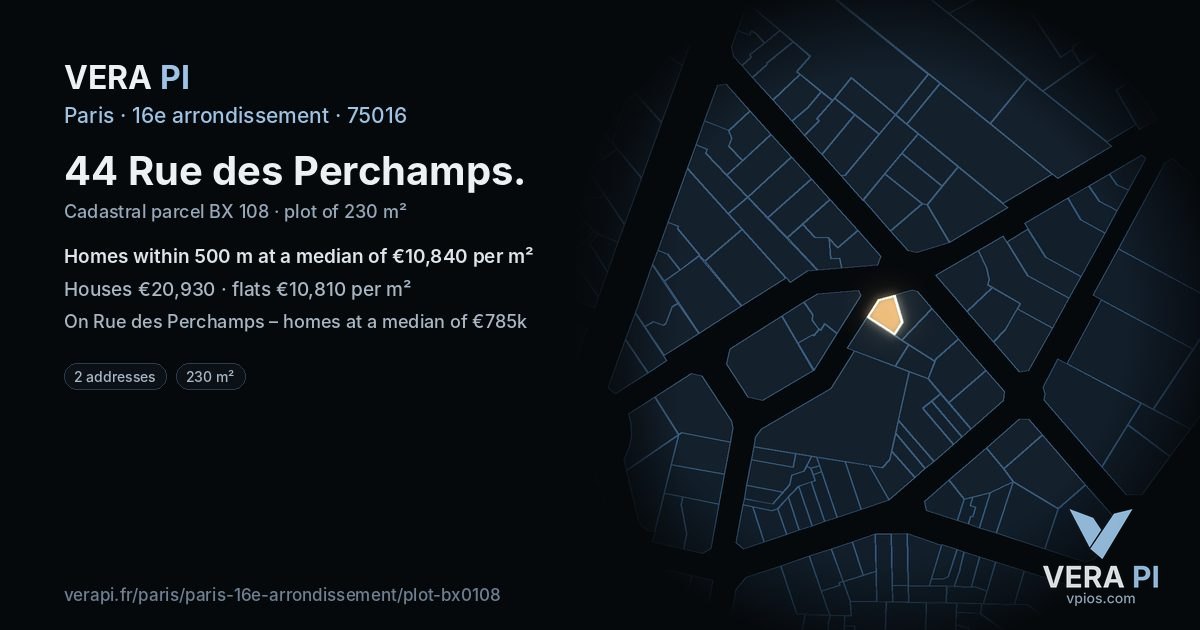 44 Rue des Perchamps, 16e arrondissement at night – the plot lit, the parcels around coloured by the prices near them