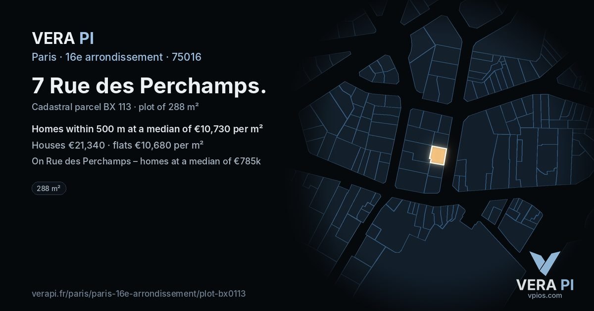 7 Rue des Perchamps, 16e arrondissement at night – the plot lit, the parcels around coloured by the prices near them