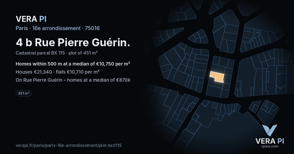 4 b Rue Pierre Guérin, 16e arrondissement at night – the plot lit, the parcels around coloured by the prices near them