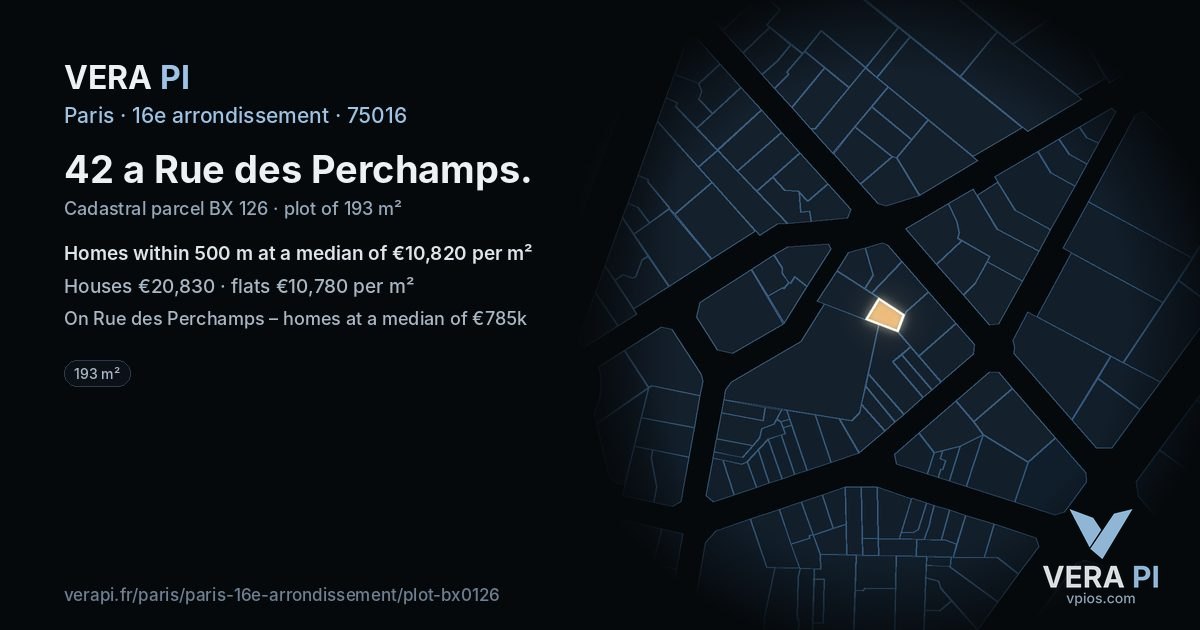 42 a Rue des Perchamps, 16e arrondissement at night – the plot lit, the parcels around coloured by the prices near them