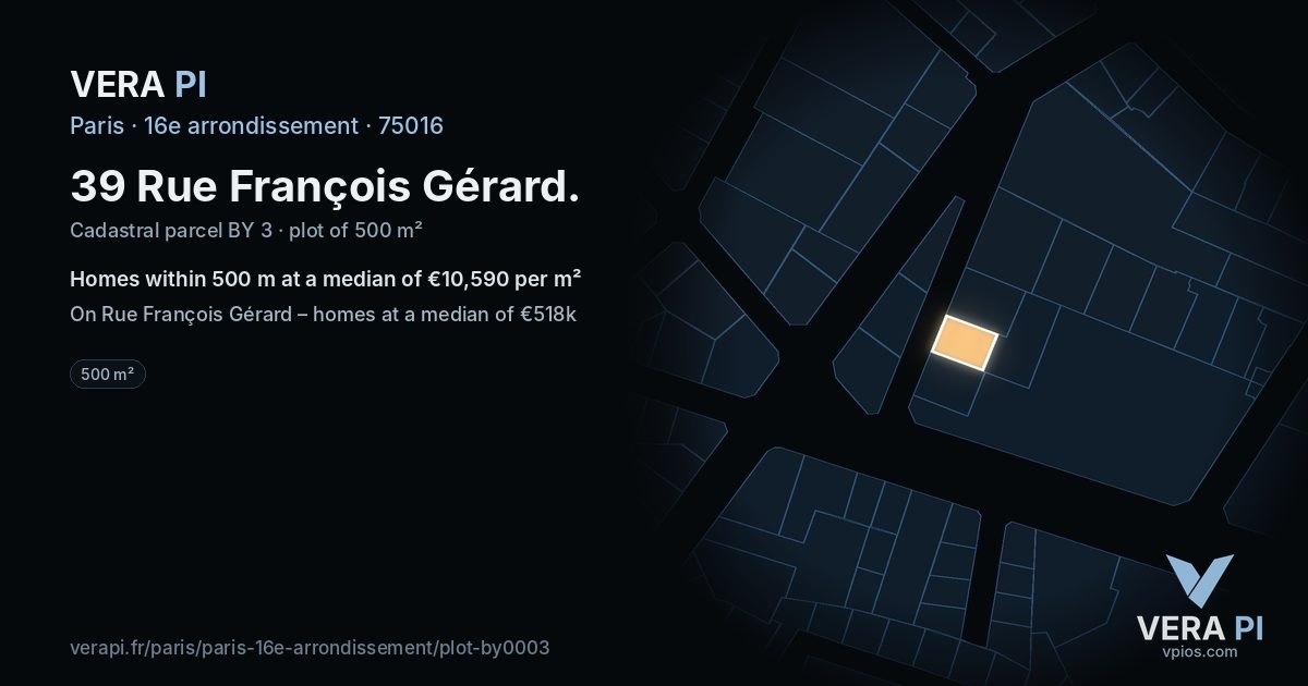 39 Rue François Gérard, 16e arrondissement at night – the plot lit, the parcels around coloured by the prices near them
