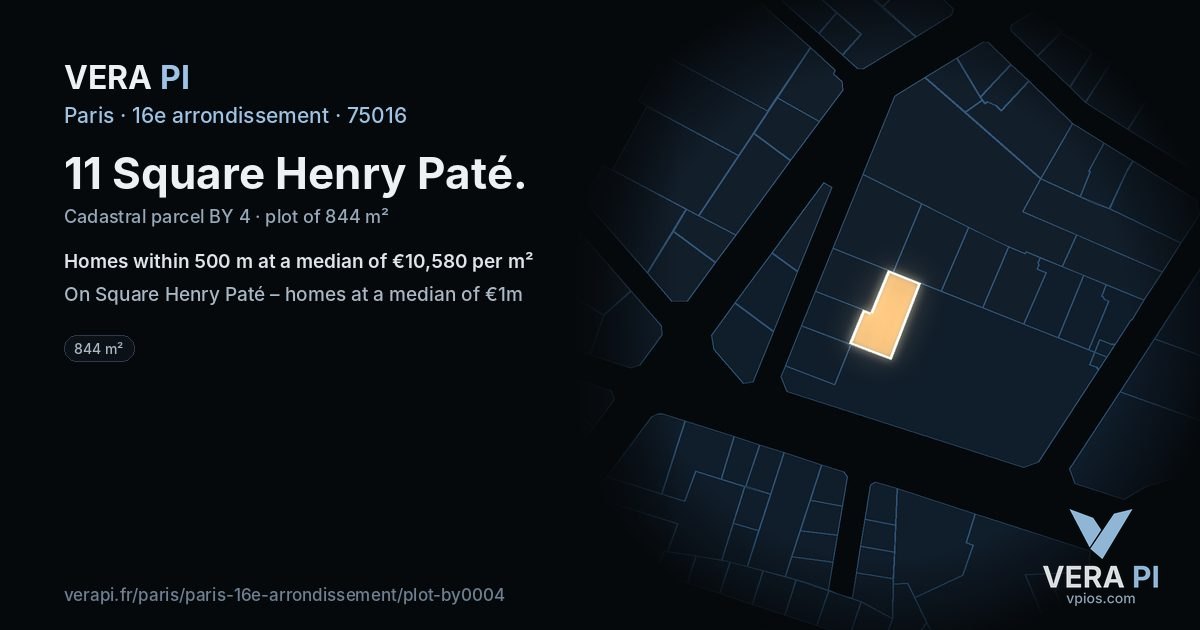 11 Square Henry Paté, 16e arrondissement at night – the plot lit, the parcels around coloured by the prices near them