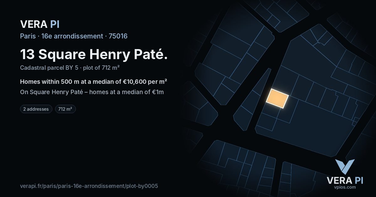 13 Square Henry Paté, 16e arrondissement at night – the plot lit, the parcels around coloured by the prices near them