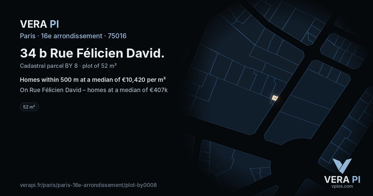 34 b Rue Félicien David, 16e arrondissement at night – the plot lit, the parcels around coloured by the prices near them
