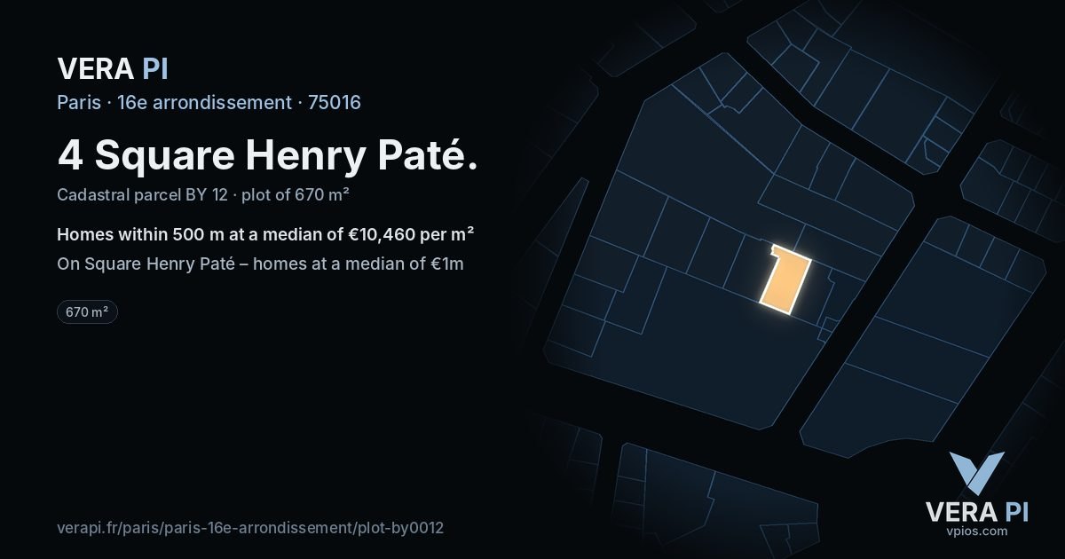 4 Square Henry Paté, 16e arrondissement at night – the plot lit, the parcels around coloured by the prices near them