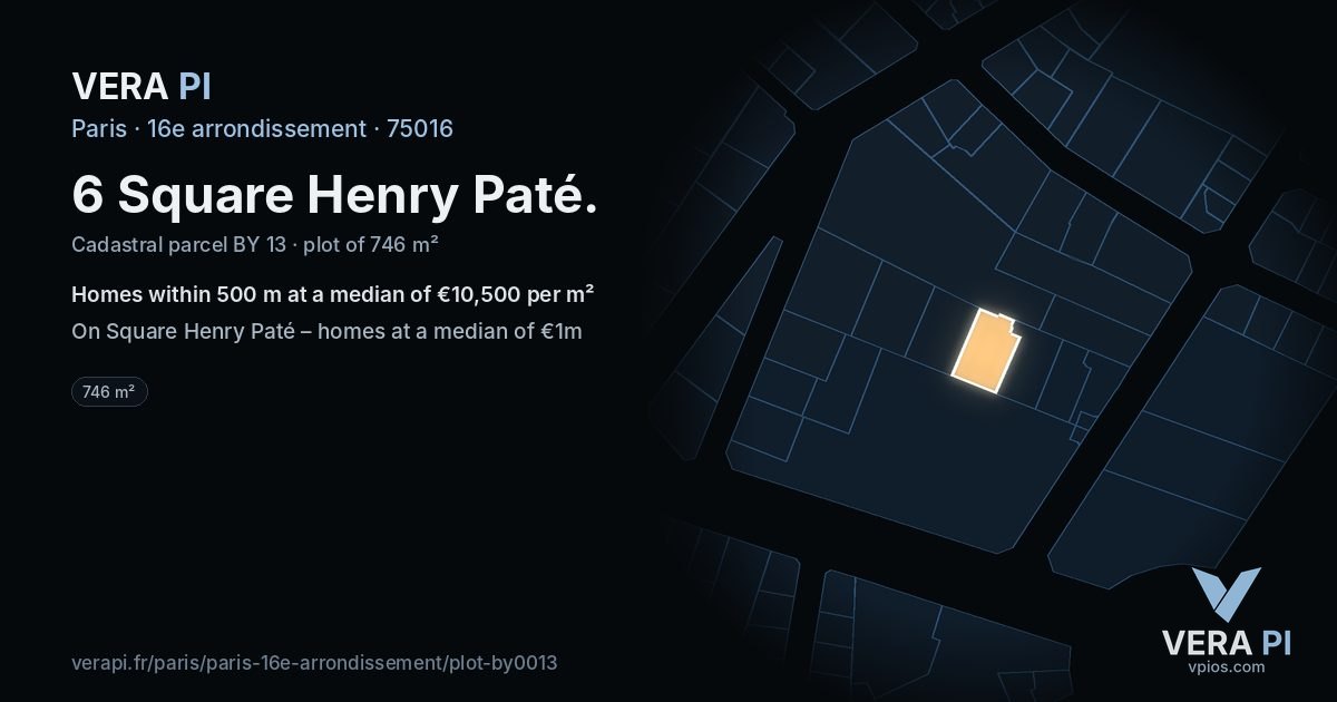 6 Square Henry Paté, 16e arrondissement at night – the plot lit, the parcels around coloured by the prices near them