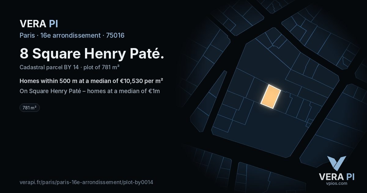 8 Square Henry Paté, 16e arrondissement at night – the plot lit, the parcels around coloured by the prices near them