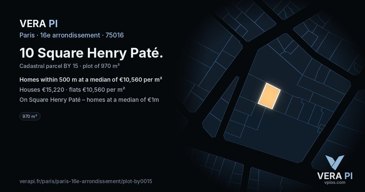 10 Square Henry Paté, 16e arrondissement at night – the plot lit, the parcels around coloured by the prices near them