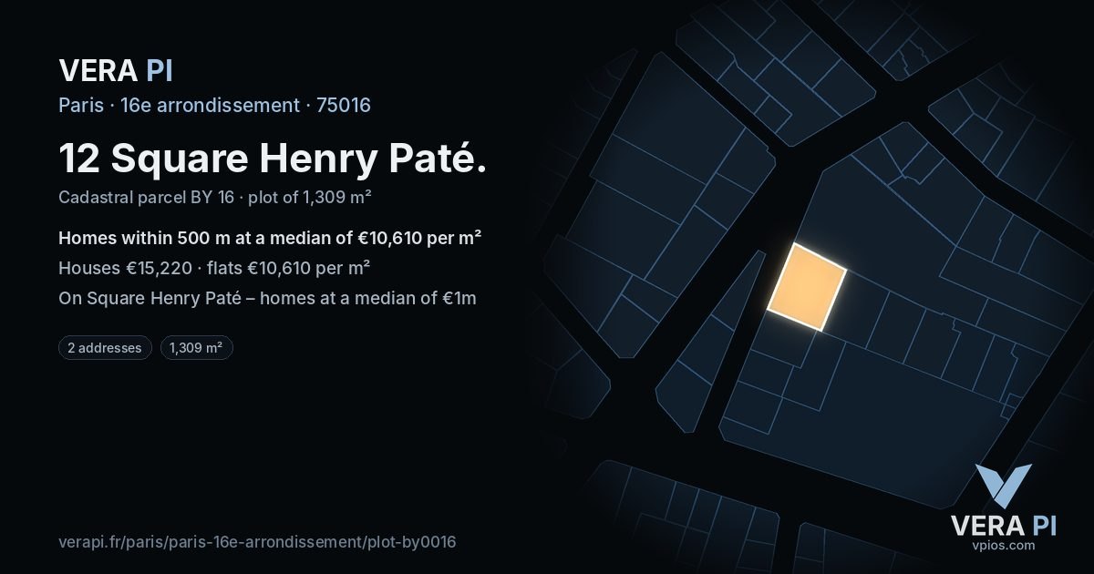 12 Square Henry Paté, 16e arrondissement at night – the plot lit, the parcels around coloured by the prices near them