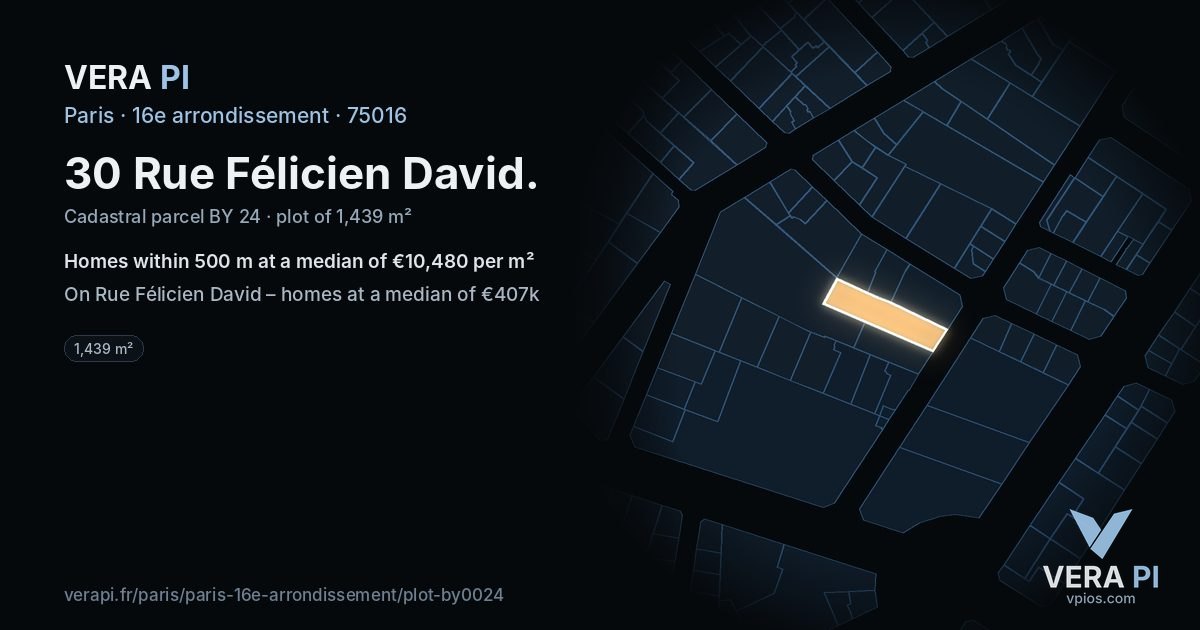 30 Rue Félicien David, 16e arrondissement at night – the plot lit, the parcels around coloured by the prices near them
