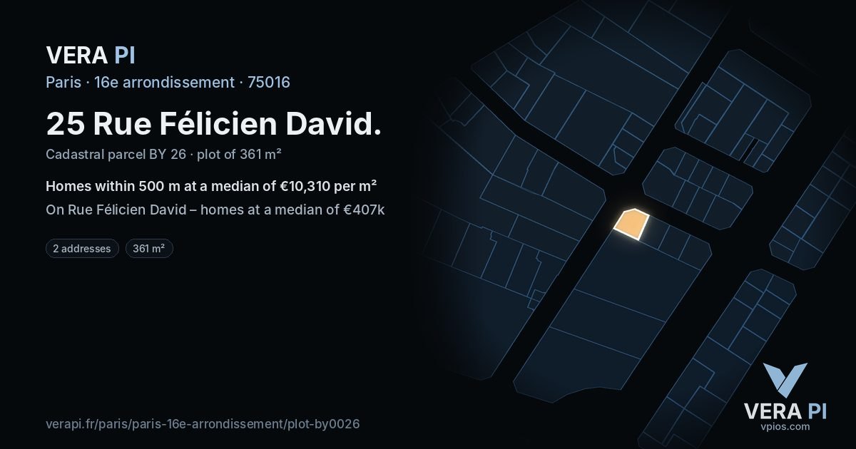 25 Rue Félicien David, 16e arrondissement at night – the plot lit, the parcels around coloured by the prices near them