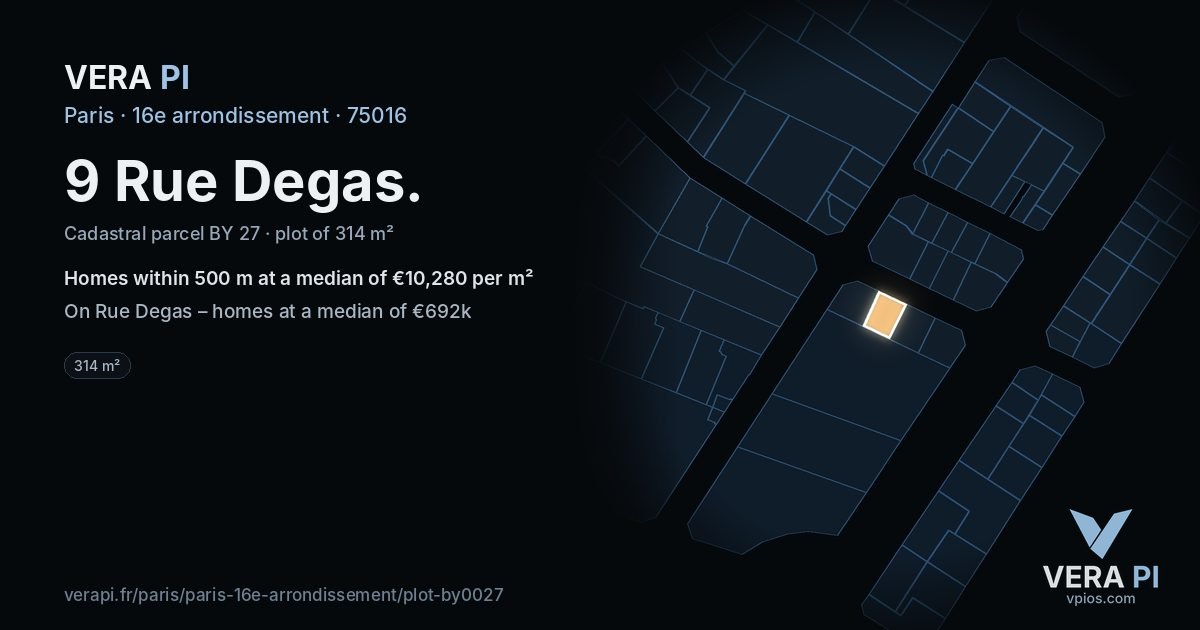 9 Rue Degas, 16e arrondissement at night – the plot lit, the parcels around coloured by the prices near them