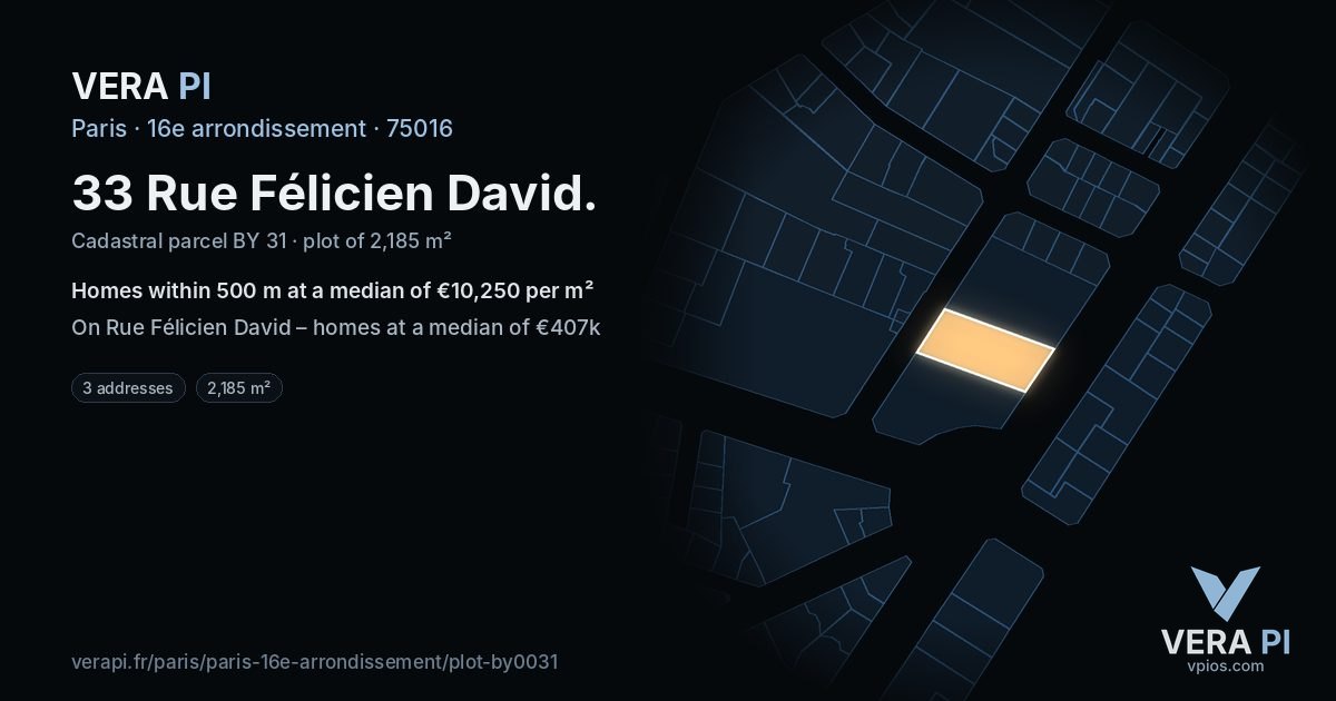 33 Rue Félicien David, 16e arrondissement at night – the plot lit, the parcels around coloured by the prices near them