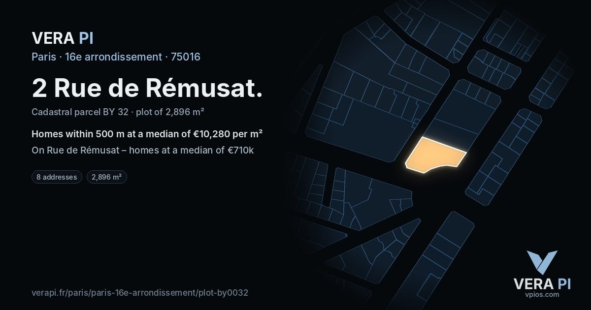2 Rue de Rémusat, 16e arrondissement at night – the plot lit, the parcels around coloured by the prices near them