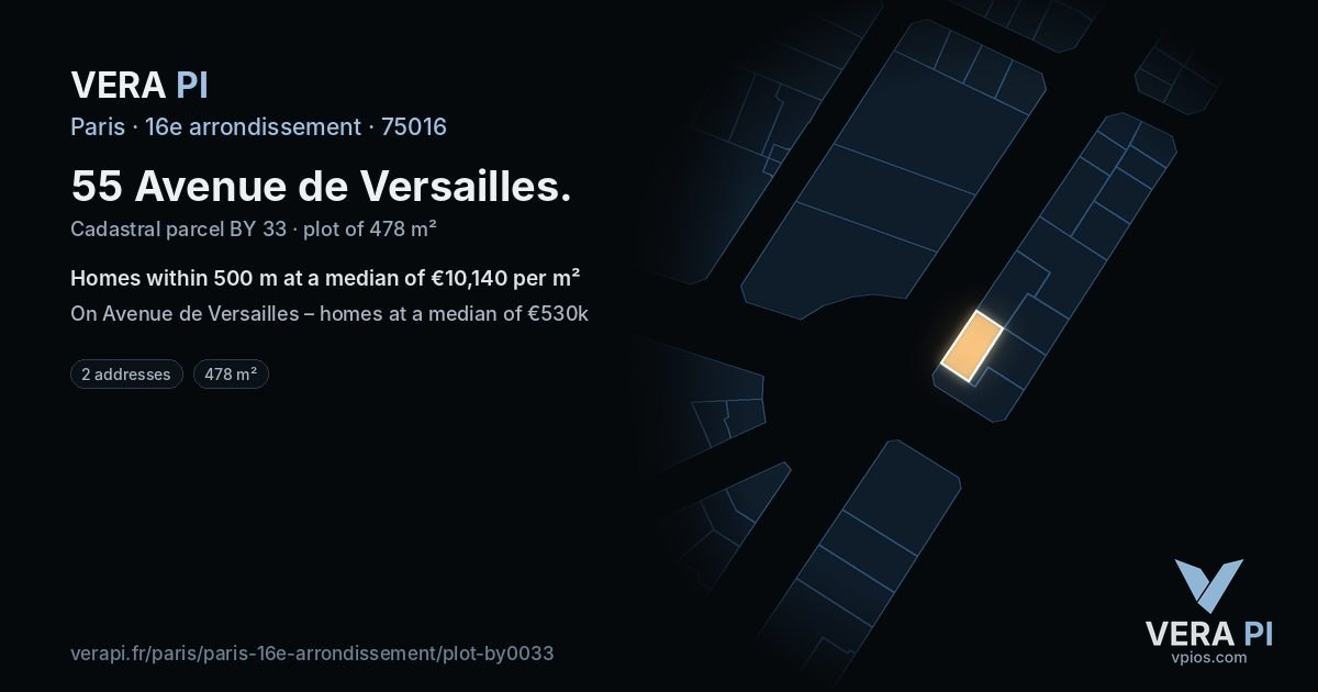 55 Avenue de Versailles, 16e arrondissement at night – the plot lit, the parcels around coloured by the prices near them