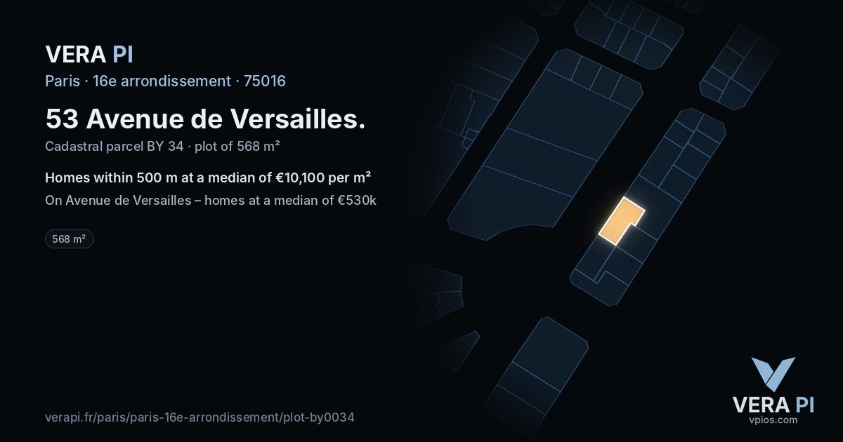 53 Avenue de Versailles, 16e arrondissement at night – the plot lit, the parcels around coloured by the prices near them