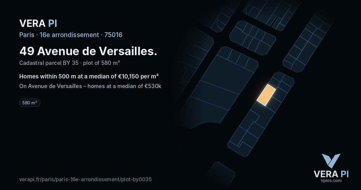 49 Avenue de Versailles, 16e arrondissement at night – the plot lit, the parcels around coloured by the prices near them