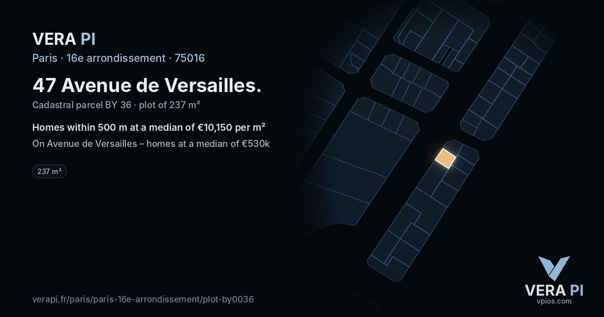 47 Avenue de Versailles, 16e arrondissement at night – the plot lit, the parcels around coloured by the prices near them