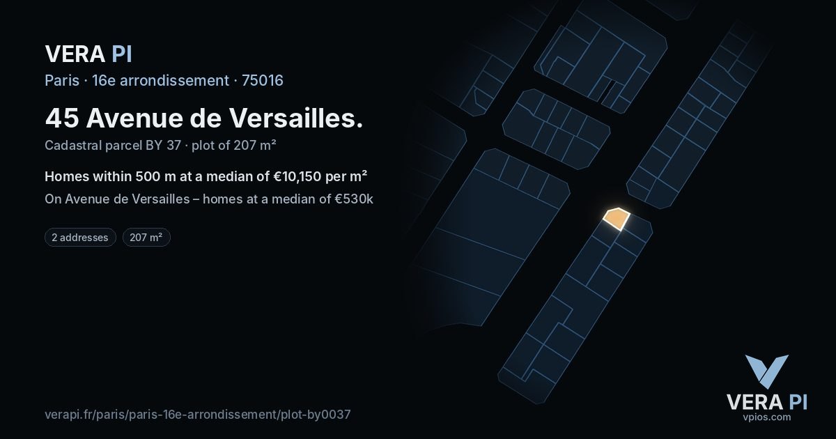 45 Avenue de Versailles, 16e arrondissement at night – the plot lit, the parcels around coloured by the prices near them