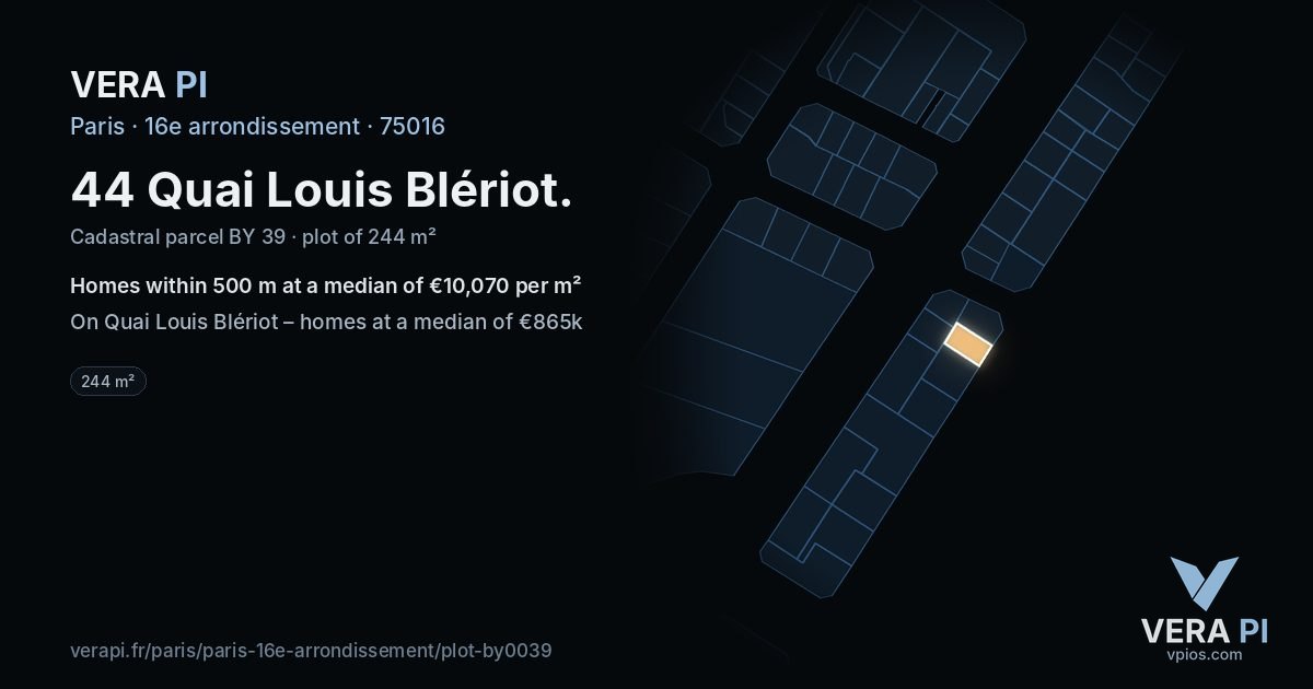 44 Quai Louis Blériot, 16e arrondissement at night – the plot lit, the parcels around coloured by the prices near them