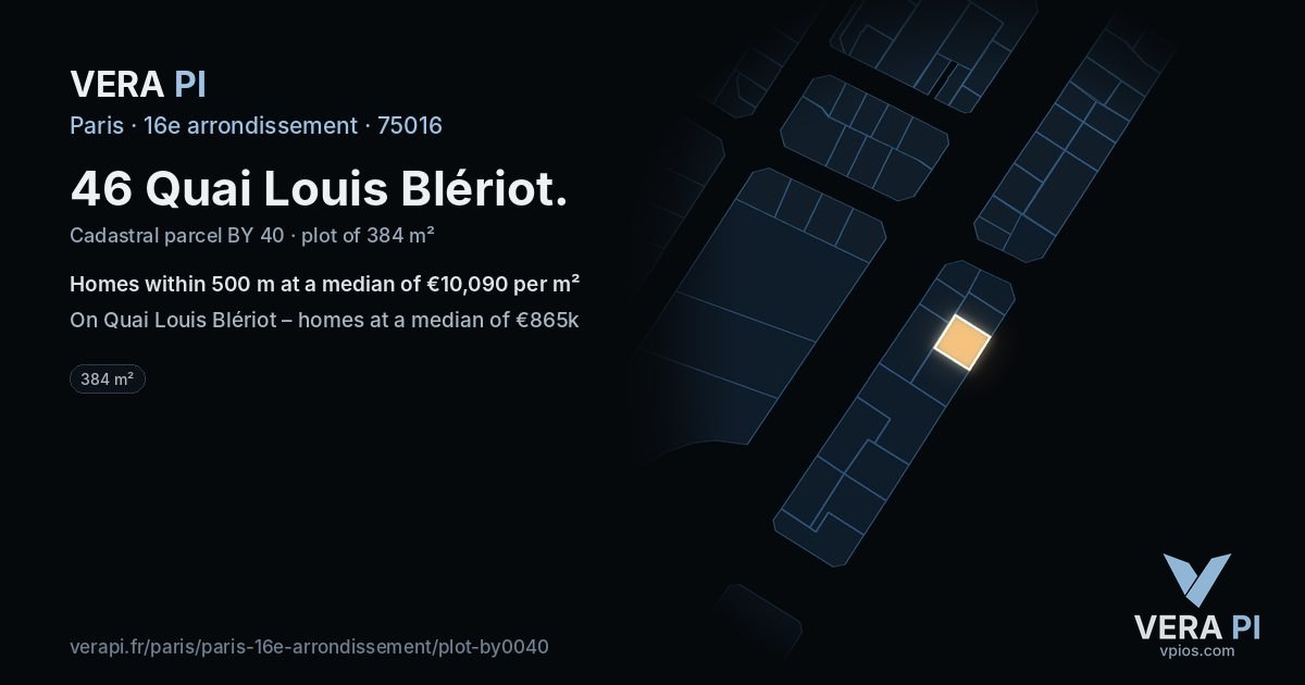 46 Quai Louis Blériot, 16e arrondissement at night – the plot lit, the parcels around coloured by the prices near them