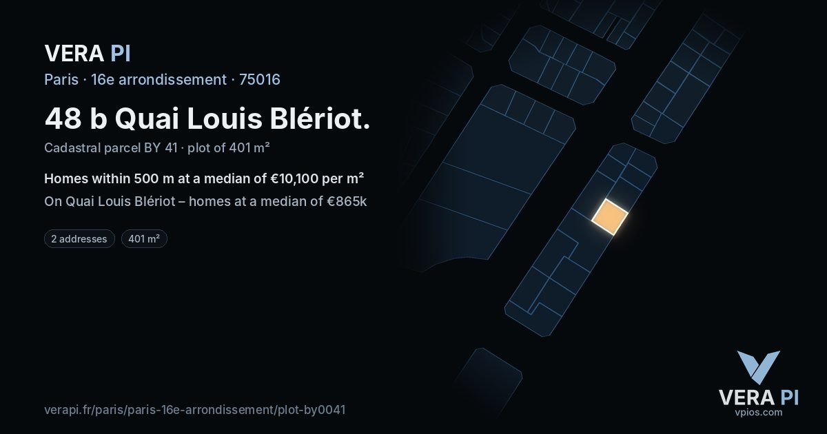 48 b Quai Louis Blériot, 16e arrondissement at night – the plot lit, the parcels around coloured by the prices near them