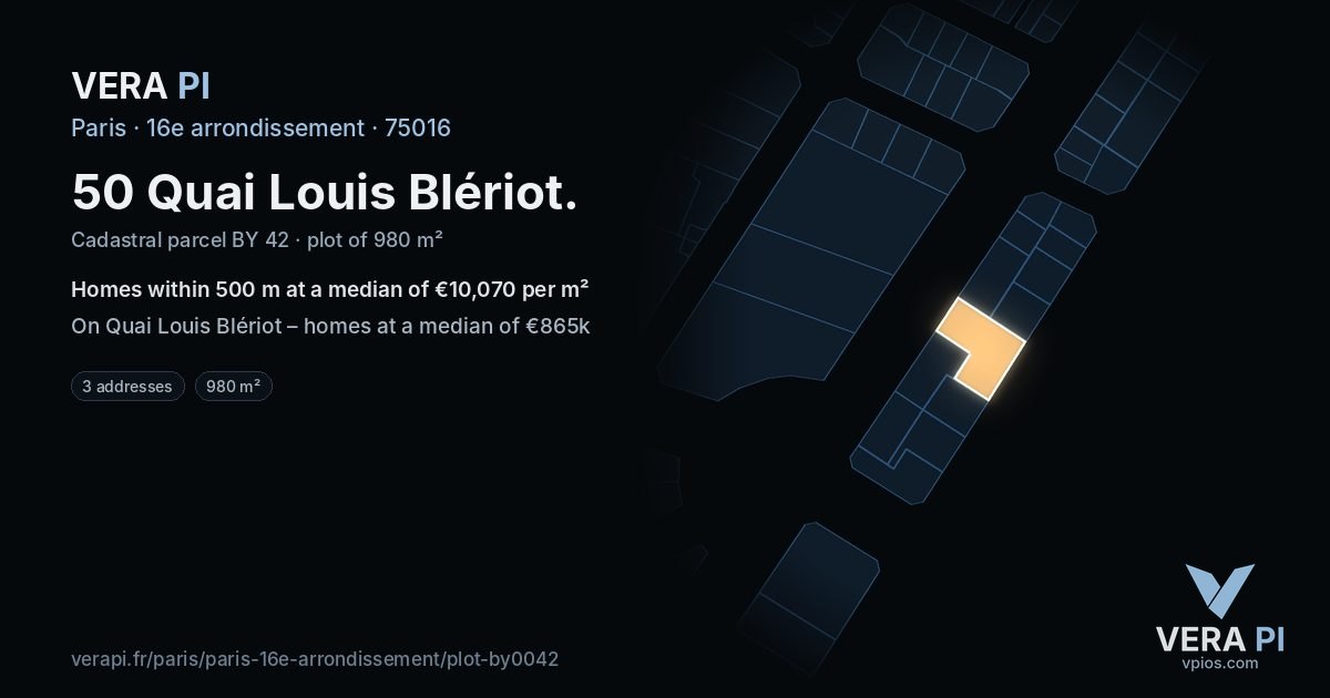 50 Quai Louis Blériot, 16e arrondissement at night – the plot lit, the parcels around coloured by the prices near them