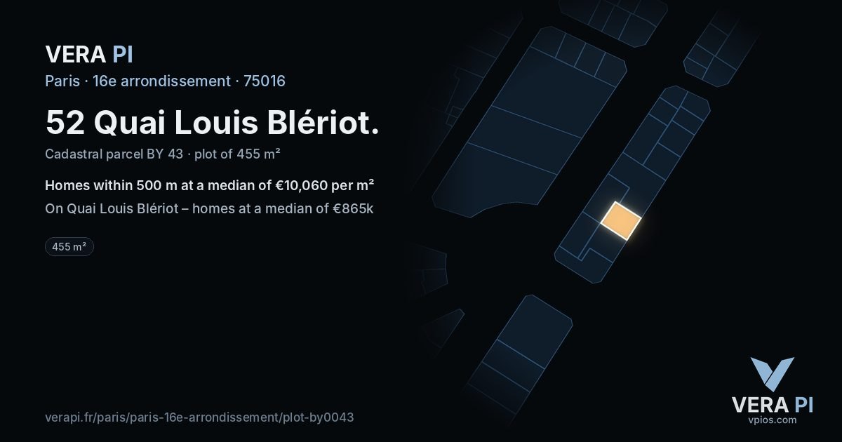 52 Quai Louis Blériot, 16e arrondissement at night – the plot lit, the parcels around coloured by the prices near them