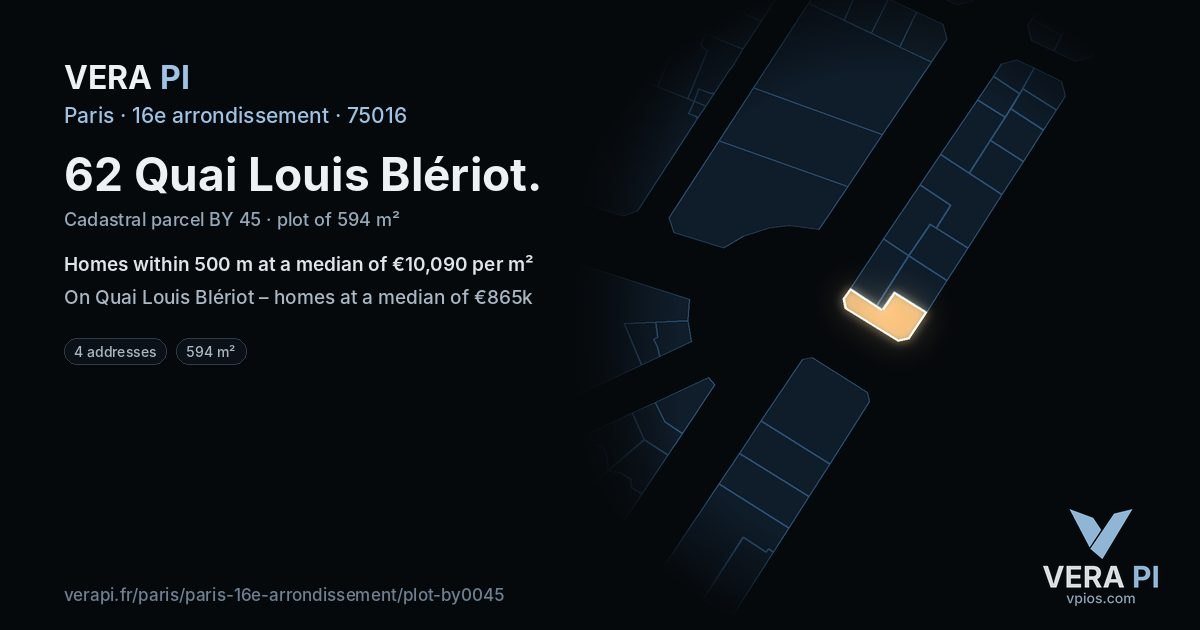 62 Quai Louis Blériot, 16e arrondissement at night – the plot lit, the parcels around coloured by the prices near them