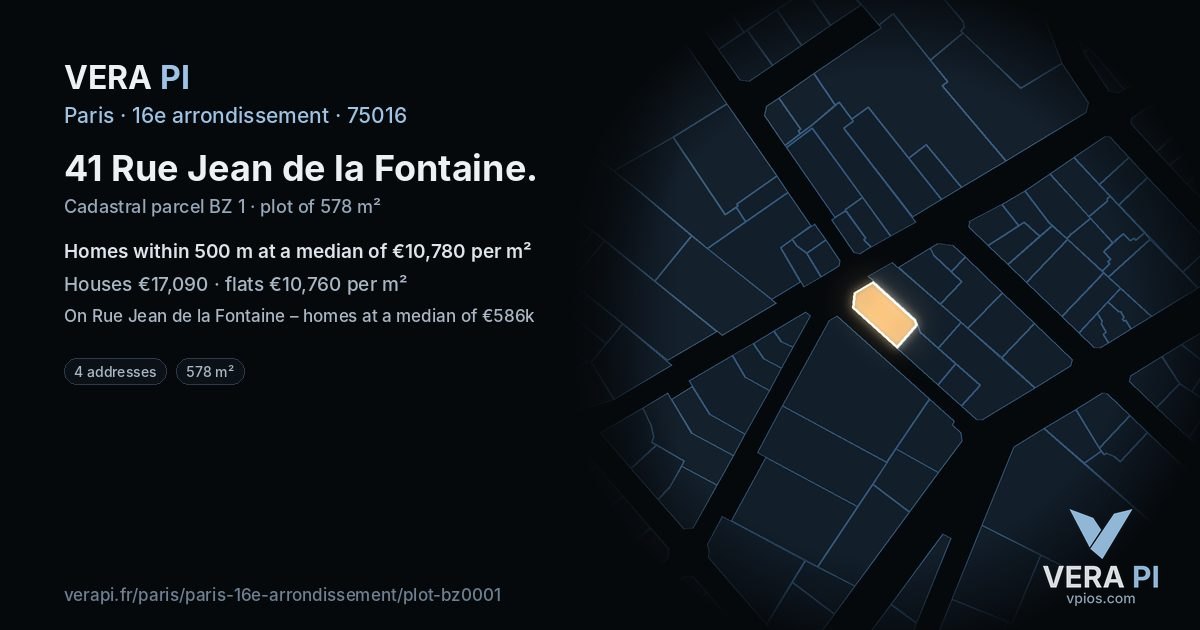 41 Rue Jean de la Fontaine, 16e arrondissement at night – the plot lit, the parcels around coloured by the prices near them