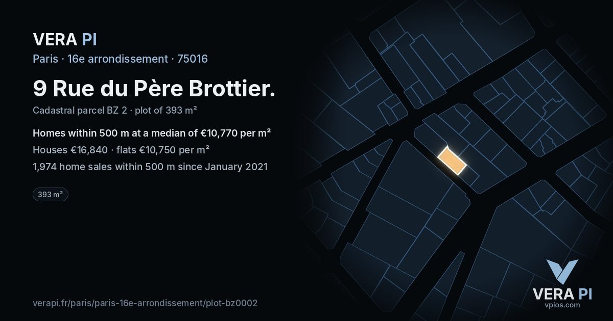 9 Rue du Père Brottier, 16e arrondissement at night – the plot lit, the parcels around coloured by the prices near them