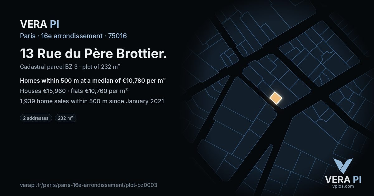 13 Rue du Père Brottier, 16e arrondissement at night – the plot lit, the parcels around coloured by the prices near them