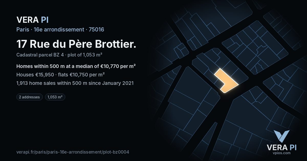 17 Rue du Père Brottier, 16e arrondissement at night – the plot lit, the parcels around coloured by the prices near them