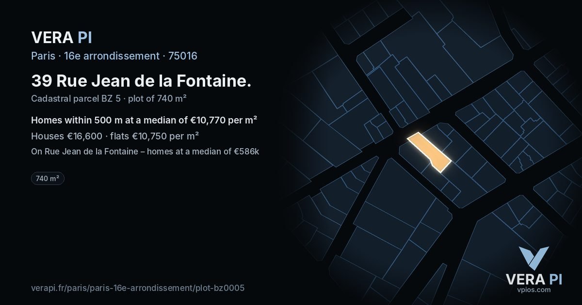 39 Rue Jean de la Fontaine, 16e arrondissement at night – the plot lit, the parcels around coloured by the prices near them