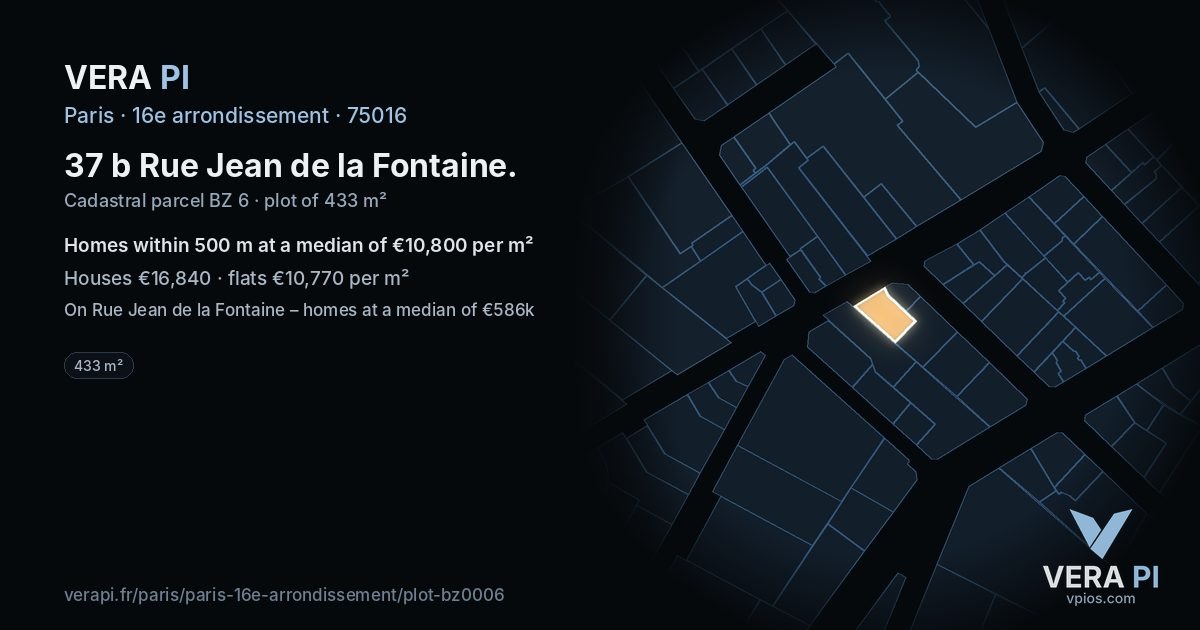 37 b Rue Jean de la Fontaine, 16e arrondissement at night – the plot lit, the parcels around coloured by the prices near them