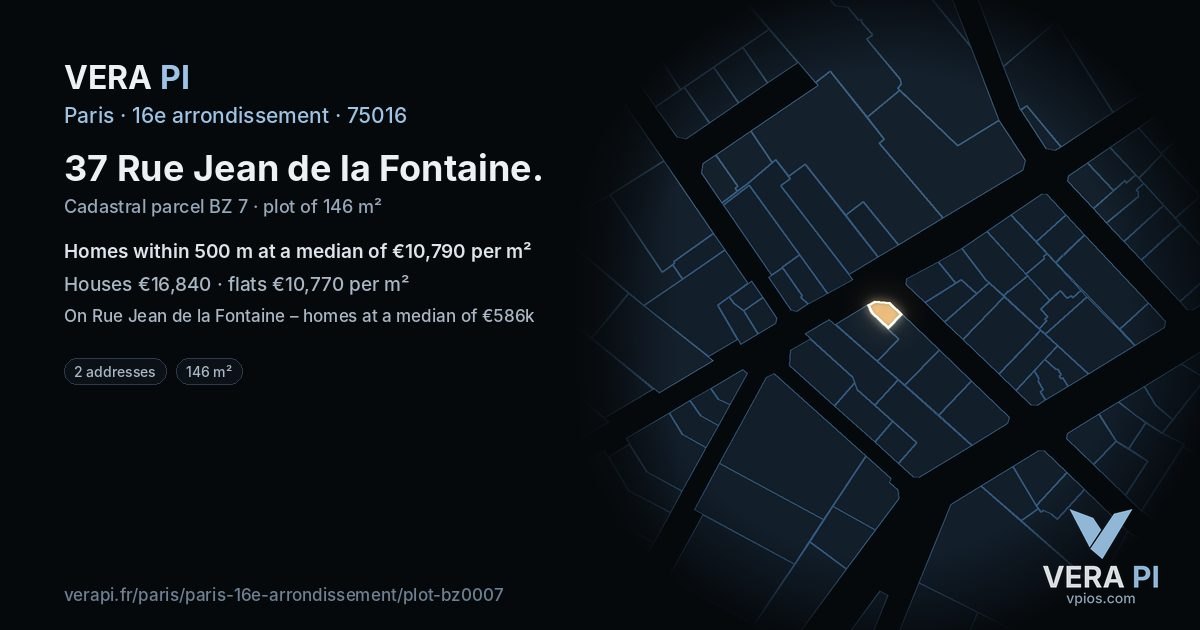 37 Rue Jean de la Fontaine, 16e arrondissement at night – the plot lit, the parcels around coloured by the prices near them