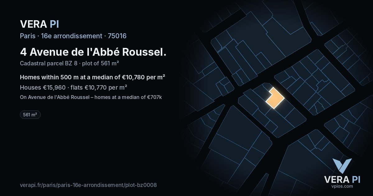 4 Avenue de l'Abbé Roussel, 16e arrondissement at night – the plot lit, the parcels around coloured by the prices near them