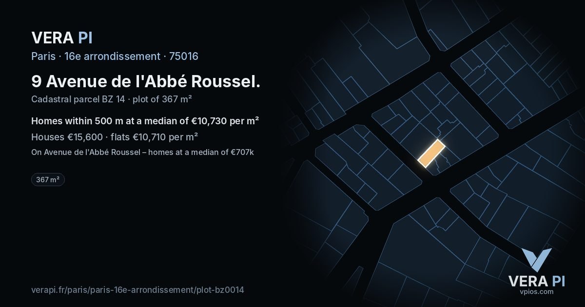 9 Avenue de l'Abbé Roussel, 16e arrondissement at night – the plot lit, the parcels around coloured by the prices near them