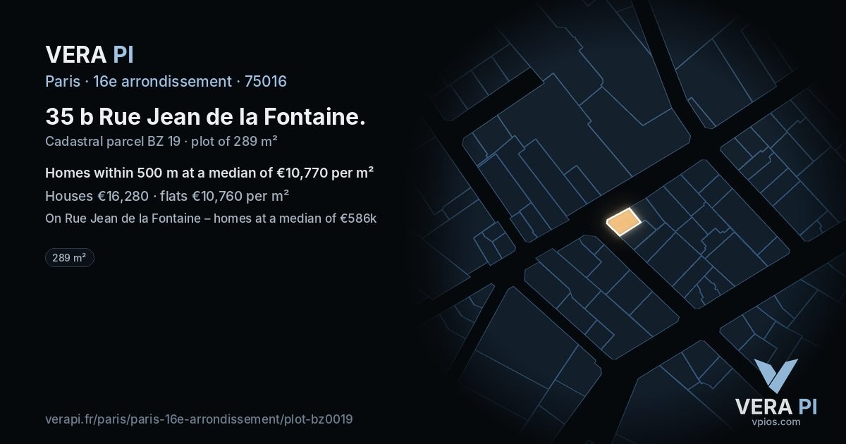 35 b Rue Jean de la Fontaine, 16e arrondissement at night – the plot lit, the parcels around coloured by the prices near them