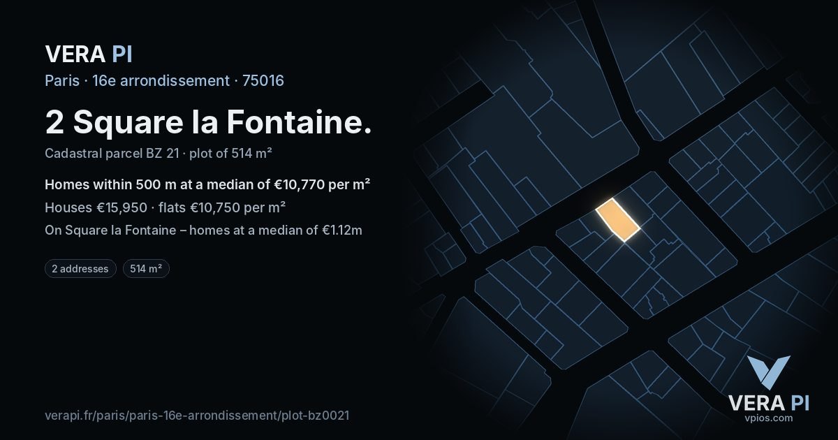 2 Square la Fontaine, 16e arrondissement at night – the plot lit, the parcels around coloured by the prices near them