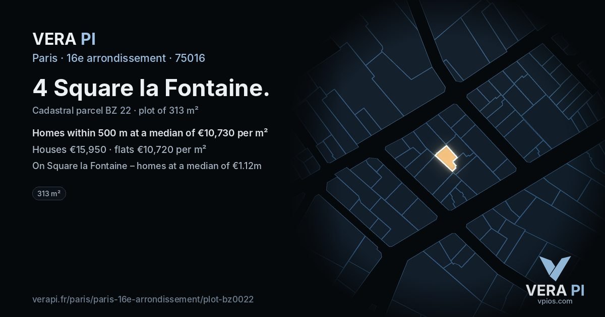 4 Square la Fontaine, 16e arrondissement at night – the plot lit, the parcels around coloured by the prices near them