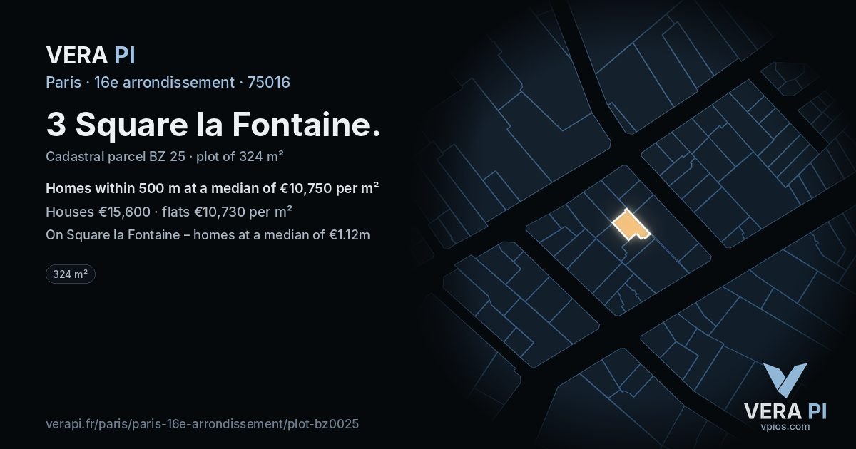 3 Square la Fontaine, 16e arrondissement at night – the plot lit, the parcels around coloured by the prices near them