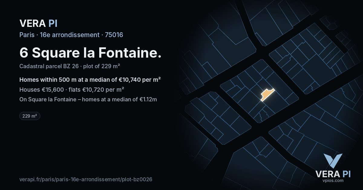 6 Square la Fontaine, 16e arrondissement at night – the plot lit, the parcels around coloured by the prices near them