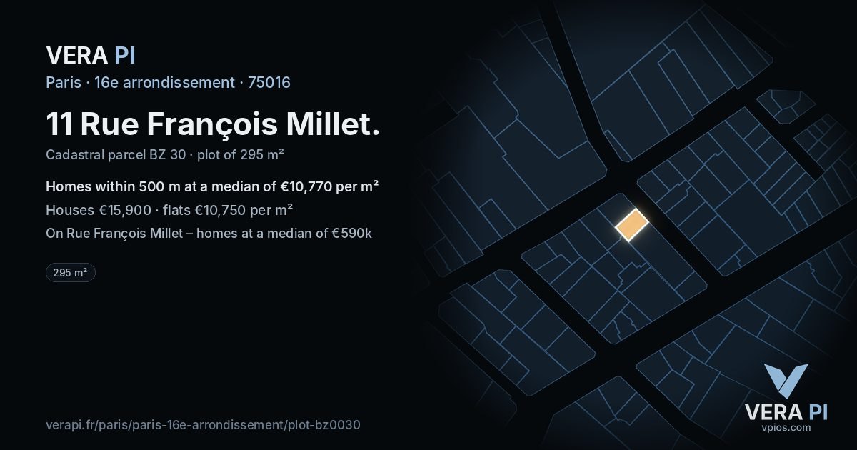 11 Rue François Millet, 16e arrondissement at night – the plot lit, the parcels around coloured by the prices near them