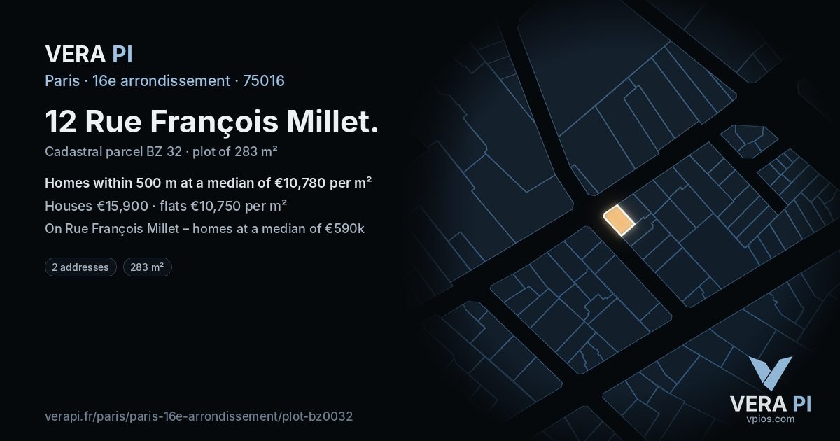 12 Rue François Millet, 16e arrondissement at night – the plot lit, the parcels around coloured by the prices near them