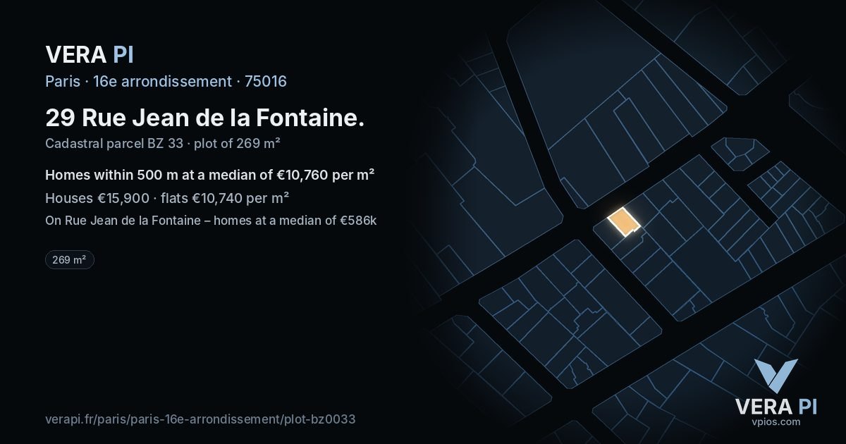 29 Rue Jean de la Fontaine, 16e arrondissement at night – the plot lit, the parcels around coloured by the prices near them