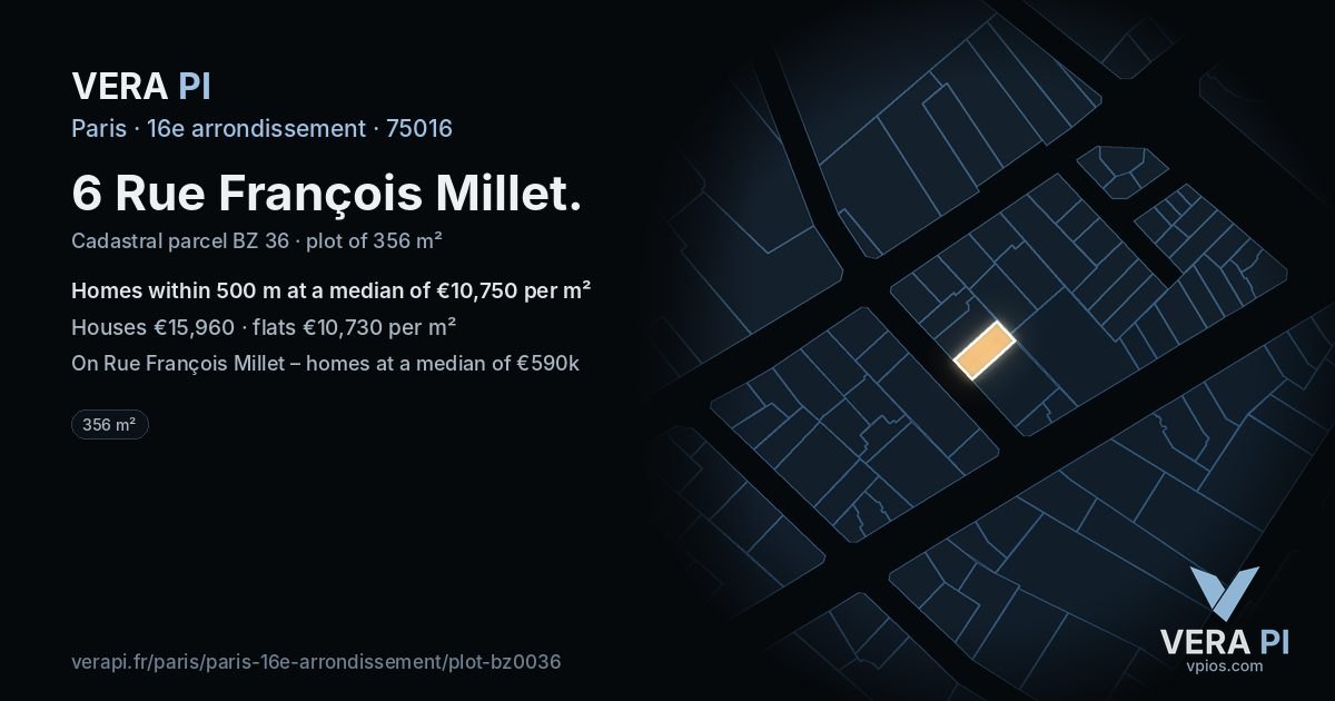 6 Rue François Millet, 16e arrondissement at night – the plot lit, the parcels around coloured by the prices near them