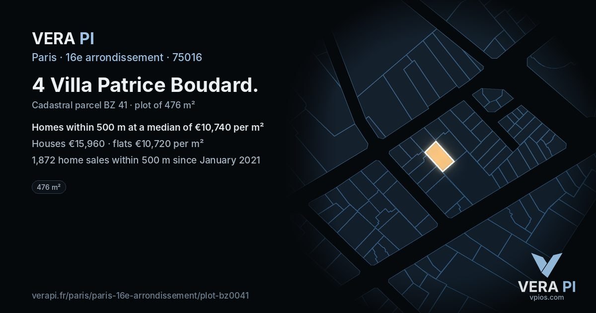 4 Villa Patrice Boudard, 16e arrondissement at night – the plot lit, the parcels around coloured by the prices near them