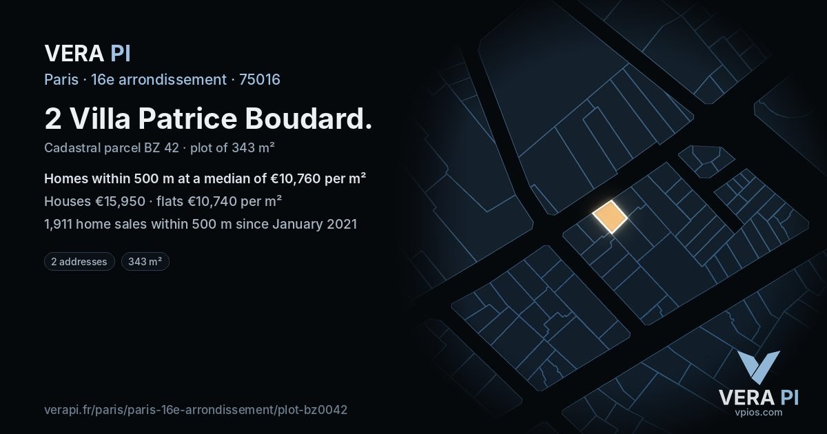 2 Villa Patrice Boudard, 16e arrondissement at night – the plot lit, the parcels around coloured by the prices near them